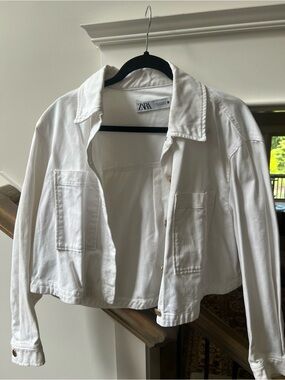 Zara White Cropped Denim Jacket